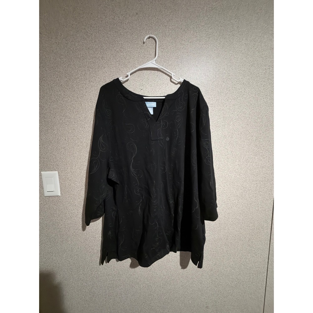 Liz & Me Womens 2X Black Cotton Paisley Embroidered 3/4 Sleeve Split Neck Top